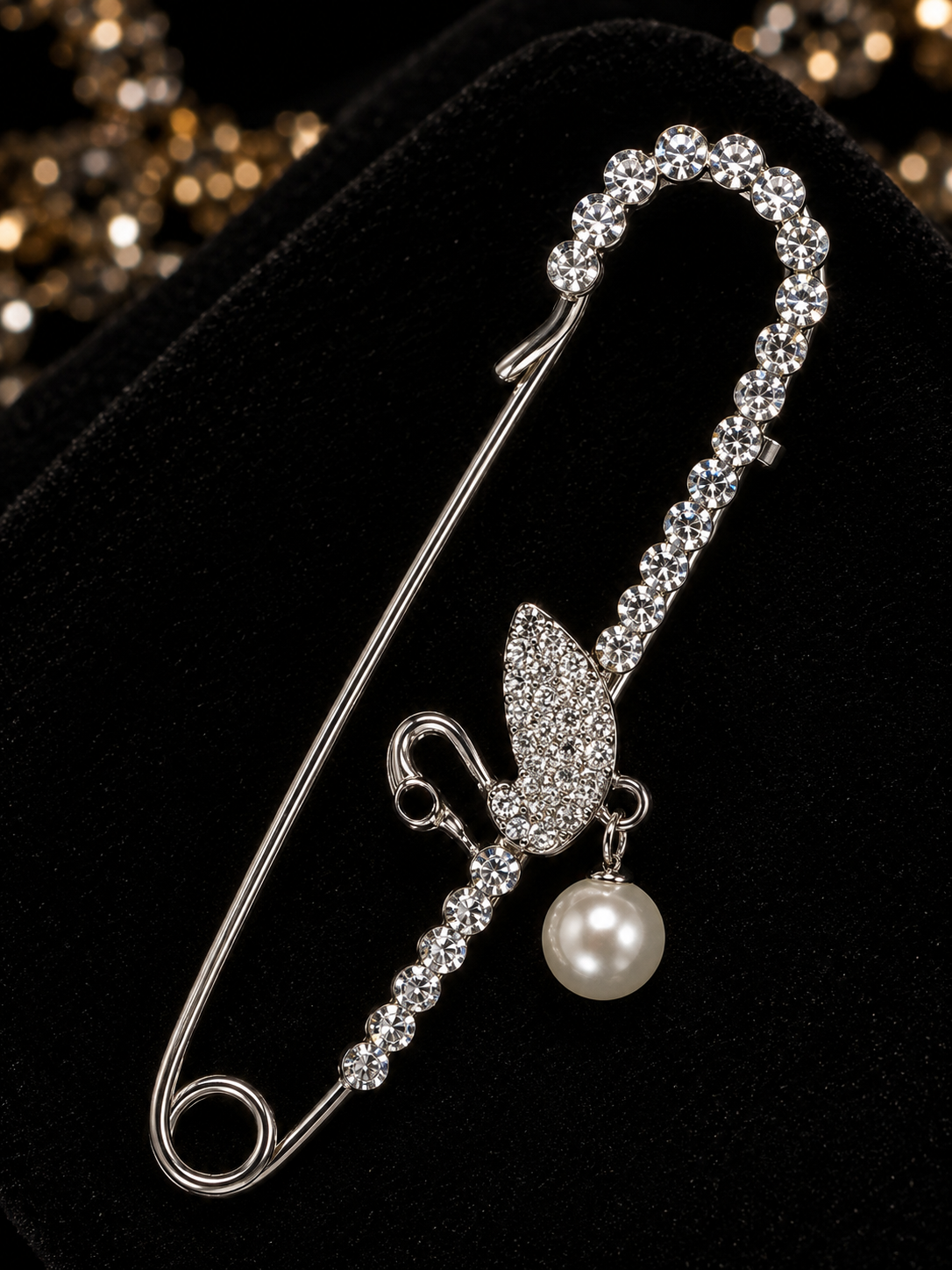 Crystal Pearl Butterfly Safety Brooch