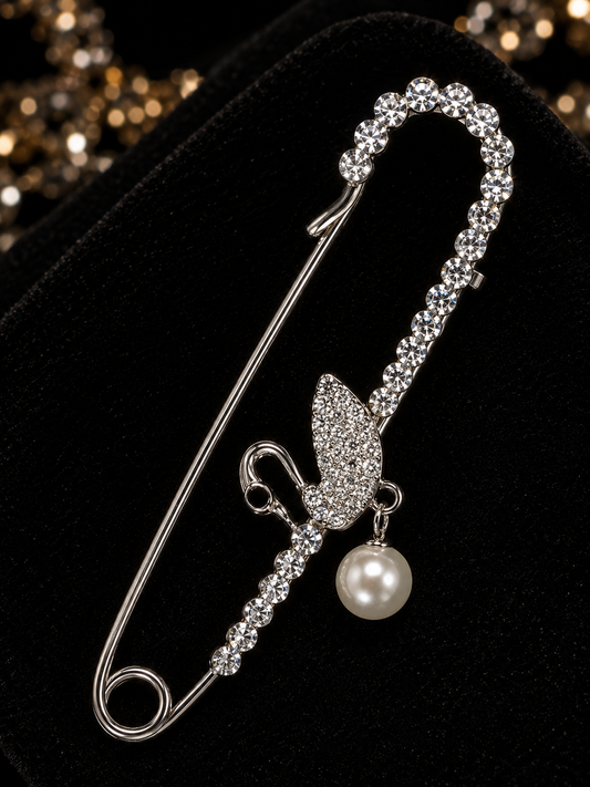 Crystal Pearl Butterfly Safety Brooch