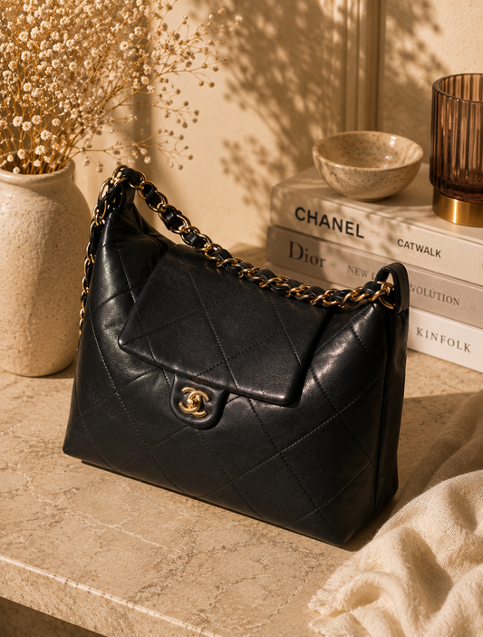 Noir Quilted Chain Hobo